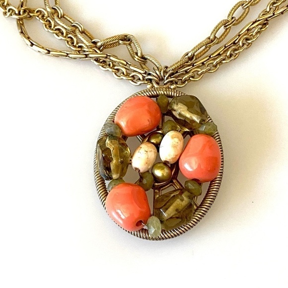 Necklace Pendant Acrylic Bead Work Light Gold Tone Multi Chains Chunky - Picture 10 of 12